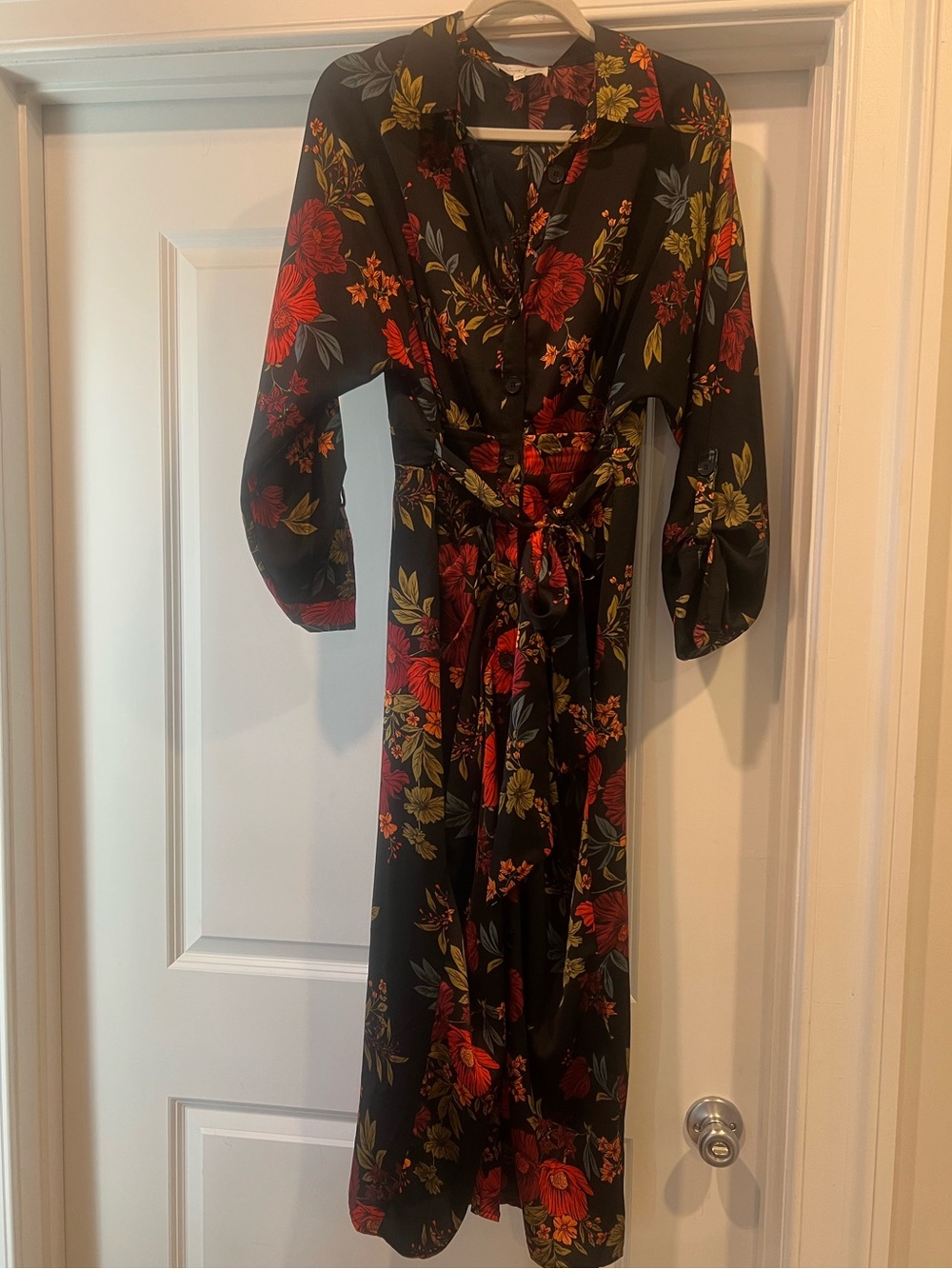Black Floral Wrap Dress with Red & Green Bloom